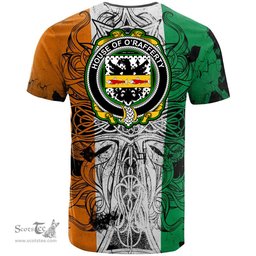 ScotsTee Shop Irish House of O RAFFERTY Coat of Arms Irish Family Crest T Shirt Celtic Ireland Green, White and Orange T Shirt