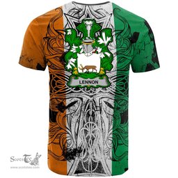 ScotsTee Shop Irish Lennon or O Lennon Coat of Arms Irish Family Crest T Shirt Celtic Ireland Green, White and Orange T Shirt