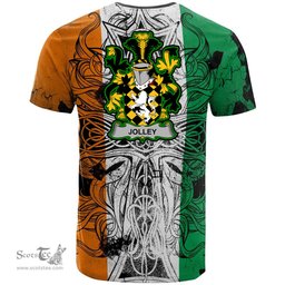 ScotsTee Shop Irish Jolley or Jolly Coat of Arms Irish Family Crest T Shirt Celtic Ireland Green, White and Orange T Shirt