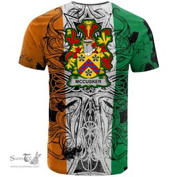 ScotsTee Shop Irish McCusker or Cosker Coat of Arms Irish Family Crest T Shirt Celtic Ireland Green, White and Orange T Shirt