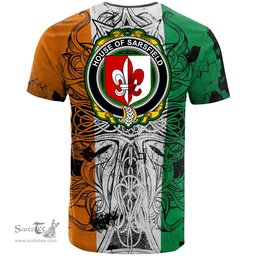 ScotsTee Shop Irish House of SARSFIELD Coat of Arms Irish Family Crest T Shirt Celtic Ireland Green, White and Orange T Shirt