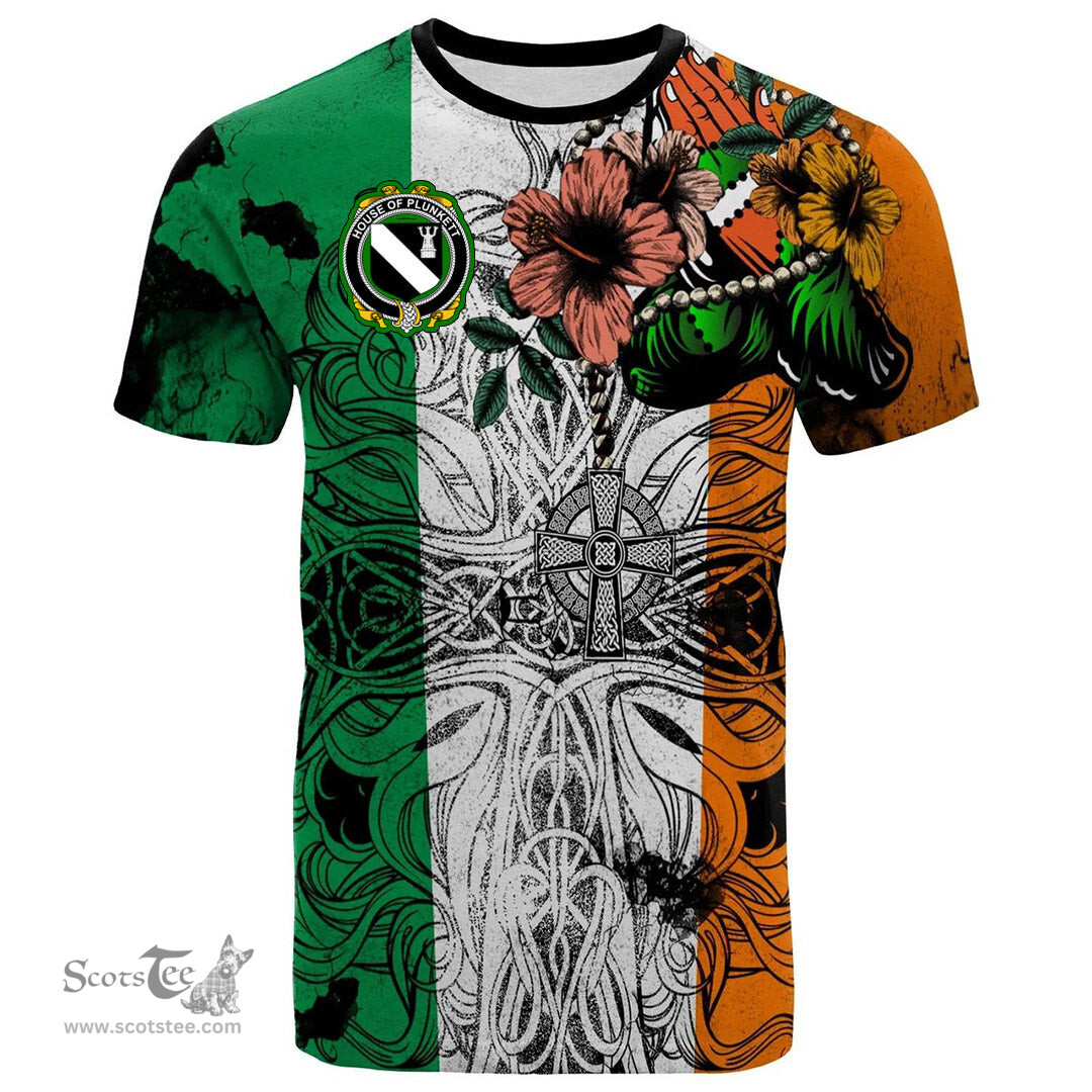 ScotsTee Shop Irish House of PLUNKETT Coat of Arms Irish Family Crest T Shirt Celtic Ireland Green, White and Orange T Shirt
