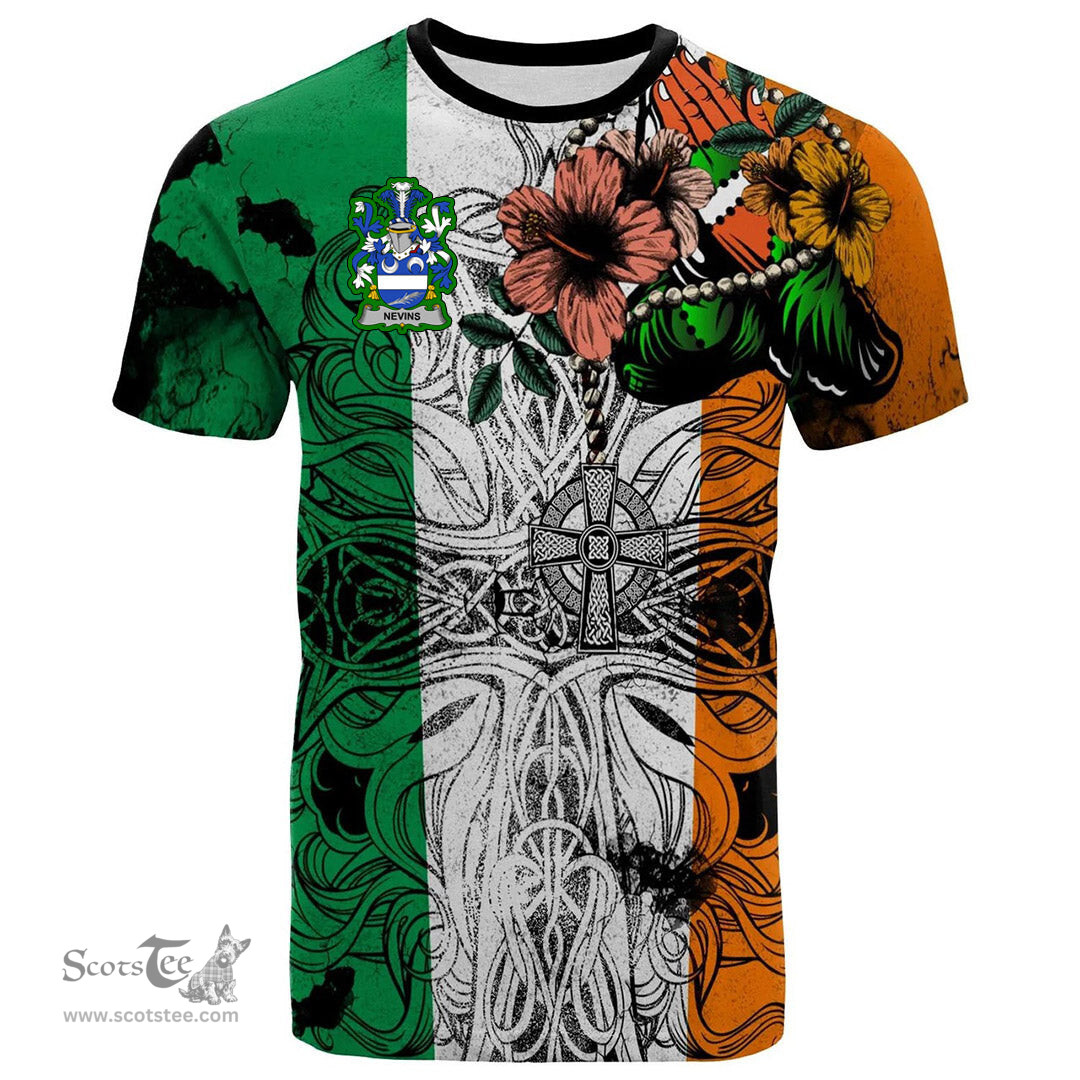 ScotsTee Shop Irish Nevins or McNevins Coat of Arms Irish Family Crest T Shirt Celtic Ireland Green, White and Orange T Shirt