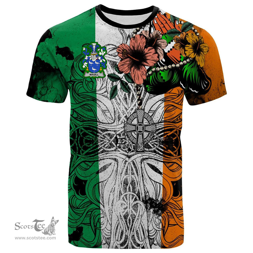 ScotsTee Shop Irish Magill Coat of Arms Irish Family Crest T Shirt Celtic Ireland Green, White and Orange T Shirt