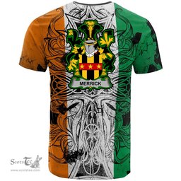 ScotsTee Shop Irish Merrick or Meyrick Coat of Arms Irish Family Crest T Shirt Celtic Ireland Green, White and Orange T Shirt