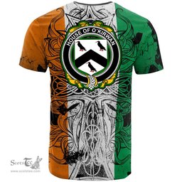 ScotsTee Shop Irish House of O KIRWAN Coat of Arms Irish Family Crest T Shirt Celtic Ireland Green, White and Orange T Shirt