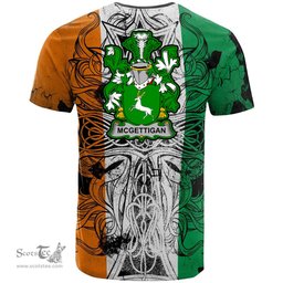 ScotsTee Shop Irish McGettigan or Gethin Coat of Arms Irish Family Crest T Shirt Celtic Ireland Green, White and Orange T Shirt