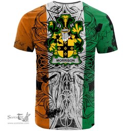 ScotsTee Shop Irish Morrison Coat of Arms Irish Family Crest T Shirt Celtic Ireland Green, White and Orange T Shirt