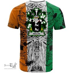 ScotsTee Shop Irish Neilan or O Neylan Coat of Arms Irish Family Crest T Shirt Celtic Ireland Green, White and Orange T Shirt