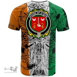 ScotsTee Shop Irish House of O QUIN Thomond Coat of Arms Irish Family Crest T Shirt Celtic Ireland Green, White and Orange T Shirt