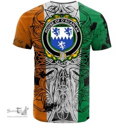 ScotsTee Shop Irish House of O SCANLAN Munster Coat of Arms Irish Family Crest T Shirt Celtic Ireland Green, White and Orange T Shirt