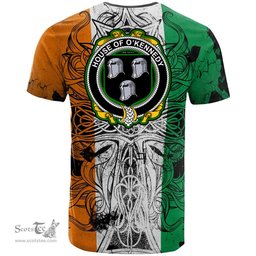 ScotsTee Shop Irish House of O KENNEDY Coat of Arms Irish Family Crest T Shirt Celtic Ireland Green, White and Orange T Shirt