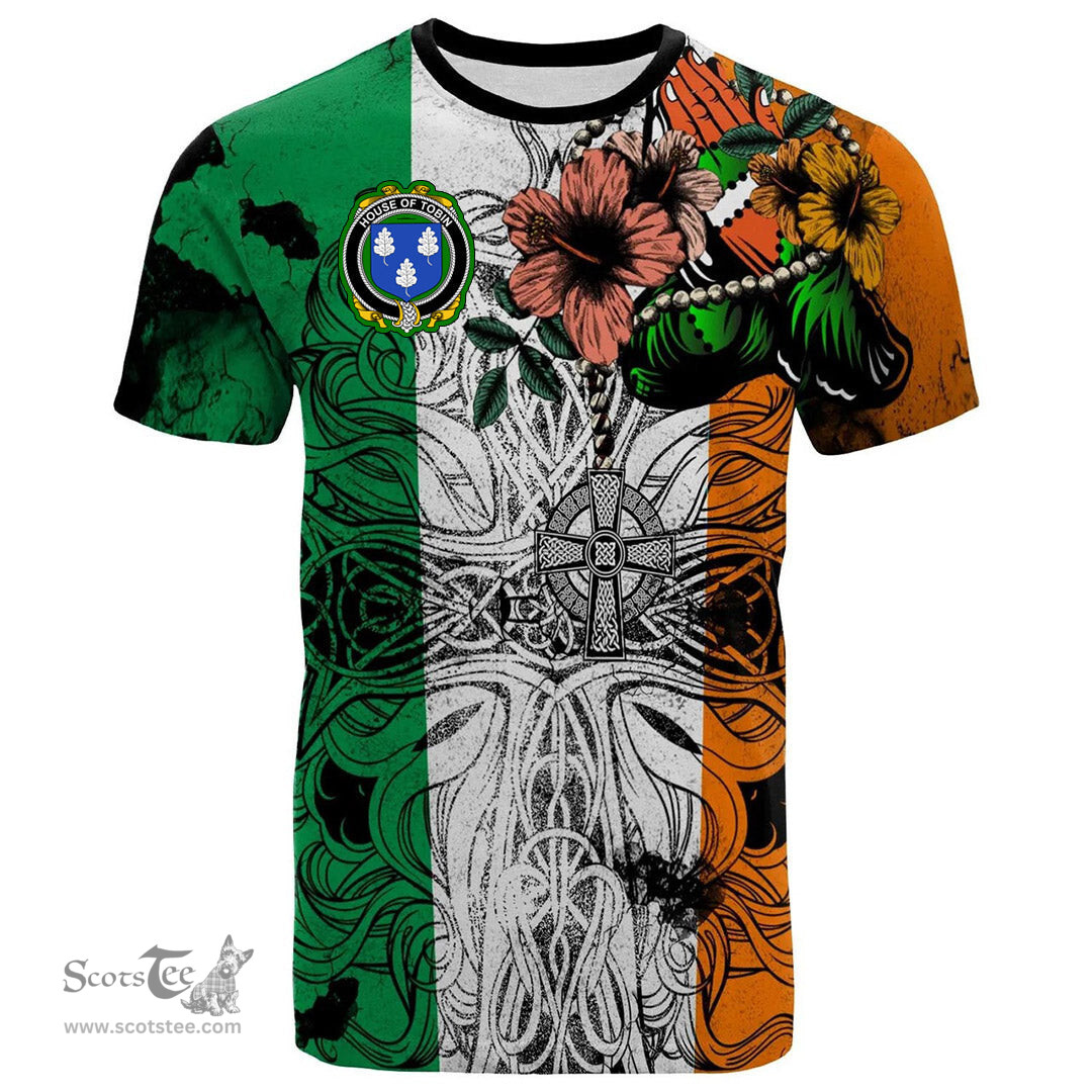 ScotsTee Shop Irish House of TOBIN Coat of Arms Irish Family Crest T Shirt Celtic Ireland Green, White and Orange T Shirt