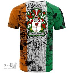 ScotsTee Shop Irish McGowan or McGouan Coat of Arms Irish Family Crest T Shirt Celtic Ireland Green, White and Orange T Shirt