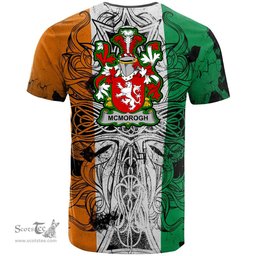 ScotsTee Shop Irish McMorogh or McMorrow Coat of Arms Irish Family Crest T Shirt Celtic Ireland Green, White and Orange T Shirt