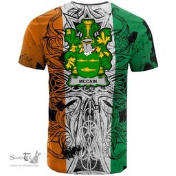 ScotsTee Shop Irish McCain or O Kane Coat of Arms Irish Family Crest T Shirt Celtic Ireland Green, White and Orange T Shirt