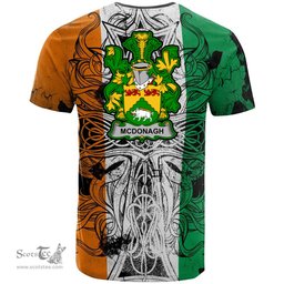 ScotsTee Shop Irish McDonagh or McDonogh Coat of Arms Irish Family Crest T Shirt Celtic Ireland Green, White and Orange T Shirt