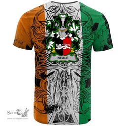 ScotsTee Shop Irish Neale Coat of Arms Irish Family Crest T Shirt Celtic Ireland Green, White and Orange T Shirt