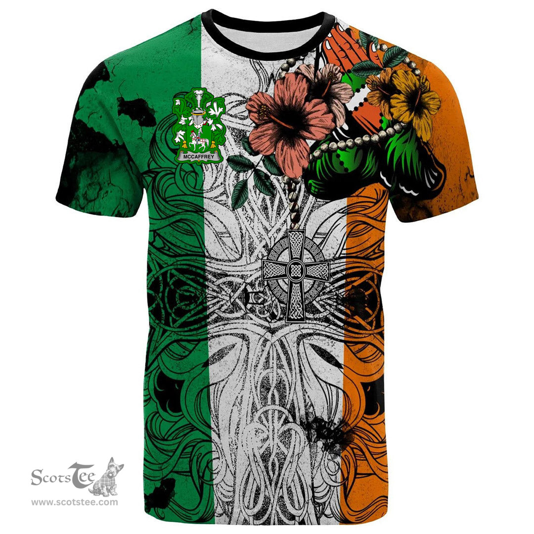 ScotsTee Shop Irish McCaffrey Coat of Arms Irish Family Crest T Shirt Celtic Ireland Green, White and Orange T Shirt