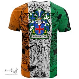 ScotsTee Shop Irish Pendleton Coat of Arms Irish Family Crest T Shirt Celtic Ireland Green, White and Orange T Shirt
