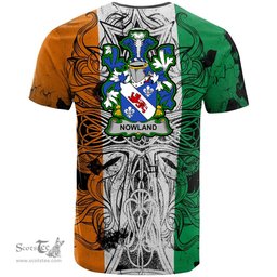 ScotsTee Shop Irish Nowland Coat of Arms Irish Family Crest T Shirt Celtic Ireland Green, White and Orange T Shirt