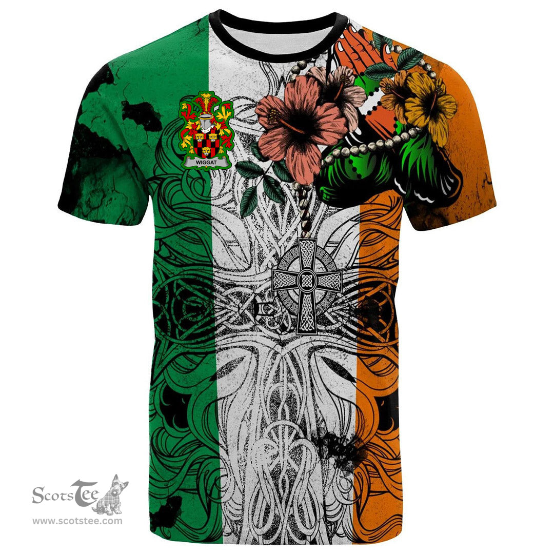 ScotsTee Shop Irish Wiggat Coat of Arms Irish Family Crest T Shirt Celtic Ireland Green, White and Orange T Shirt