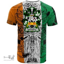 ScotsTee Shop Irish Rafferty or O Rafferty Coat of Arms Irish Family Crest T Shirt Celtic Ireland Green, White and Orange T Shirt