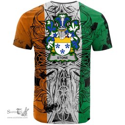 ScotsTee Shop Irish Stone Coat of Arms Irish Family Crest T Shirt Celtic Ireland Green, White and Orange T Shirt