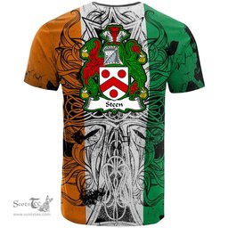 ScotsTee Shop Irish Steen Coat of Arms Irish Family Crest T Shirt Celtic Ireland Green, White and Orange T Shirt