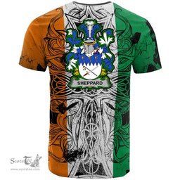 ScotsTee Shop Irish Sheppard Coat of Arms Irish Family Crest T Shirt Celtic Ireland Green, White and Orange T Shirt