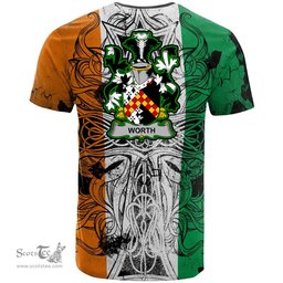 ScotsTee Shop Irish Worth or McWorth Coat of Arms Irish Family Crest T Shirt Celtic Ireland Green, White and Orange T Shirt