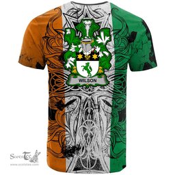 ScotsTee Shop Irish Wilson Coat of Arms Irish Family Crest T Shirt Celtic Ireland Green, White and Orange T Shirt