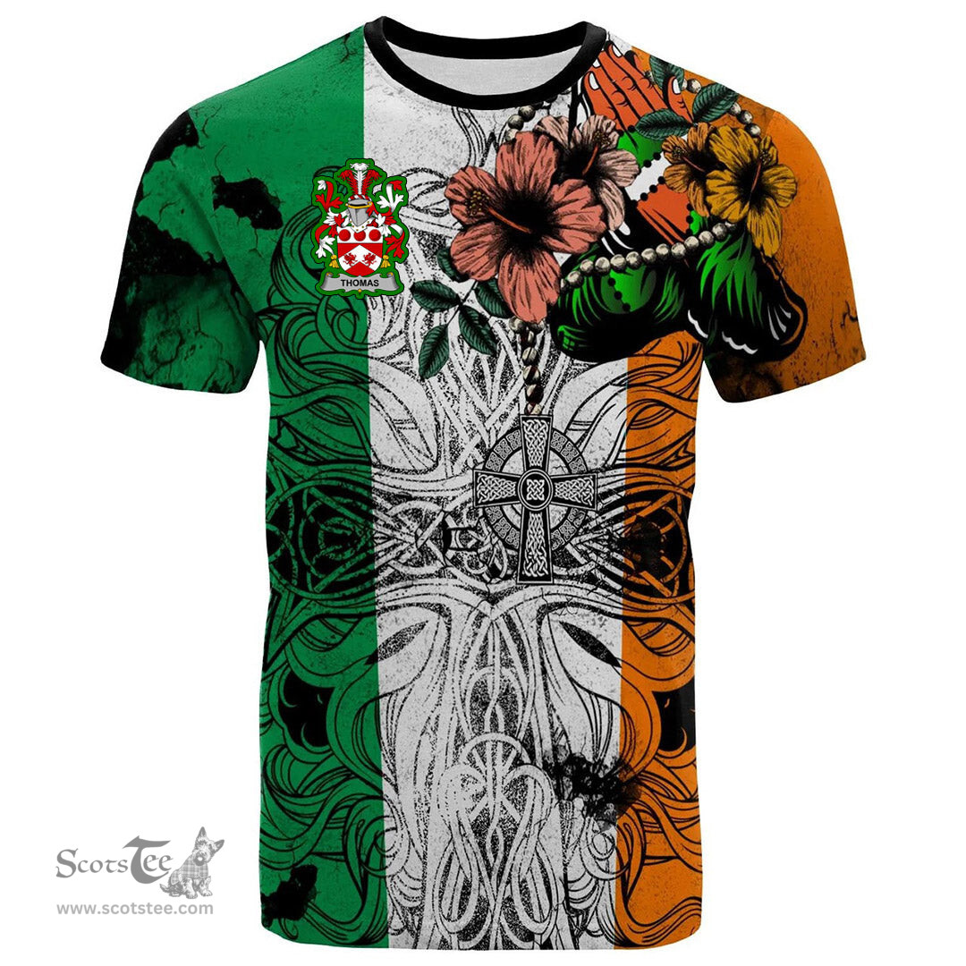 ScotsTee Shop Irish Thomas Coat of Arms Irish Family Crest T Shirt Celtic Ireland Green, White and Orange T Shirt
