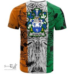 ScotsTee Shop Irish Scanlon or O Scanlan Coat of Arms Irish Family Crest T Shirt Celtic Ireland Green, White and Orange T Shirt
