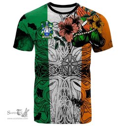 ScotsTee Shop Irish Scanlon or O Scanlan Coat of Arms Irish Family Crest T Shirt Celtic Ireland Green, White and Orange T Shirt