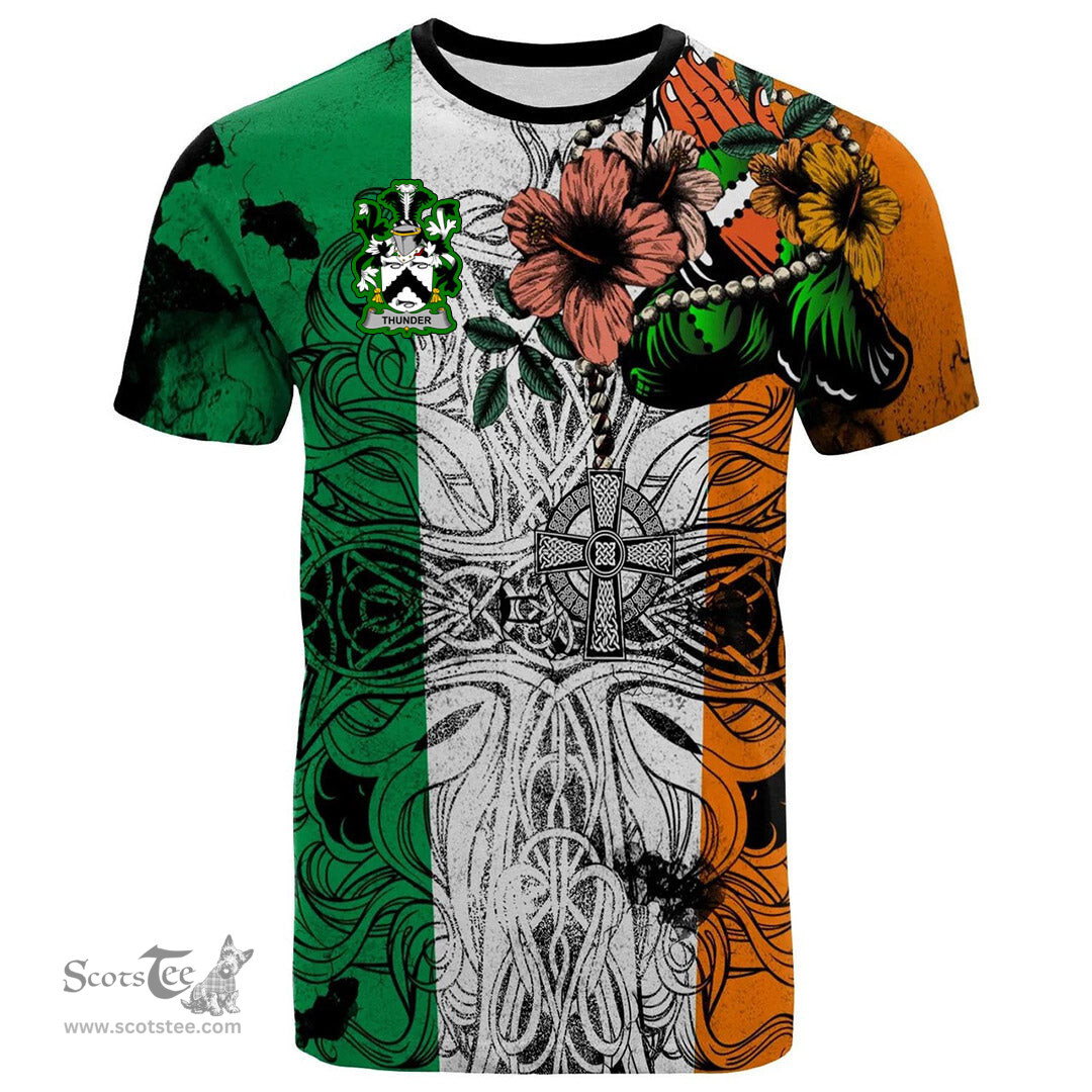 ScotsTee Shop Irish Thunder Coat of Arms Irish Family Crest T Shirt Celtic Ireland Green, White and Orange T Shirt