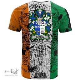 ScotsTee Shop Irish Sheehy or McSheehy Coat of Arms Irish Family Crest T Shirt Celtic Ireland Green, White and Orange T Shirt