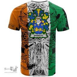 ScotsTee Shop Irish Shanley or McShanly Coat of Arms Irish Family Crest T Shirt Celtic Ireland Green, White and Orange T Shirt