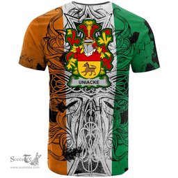 ScotsTee Shop Irish Uniacke Coat of Arms Irish Family Crest T Shirt Celtic Ireland Green, White and Orange T Shirt