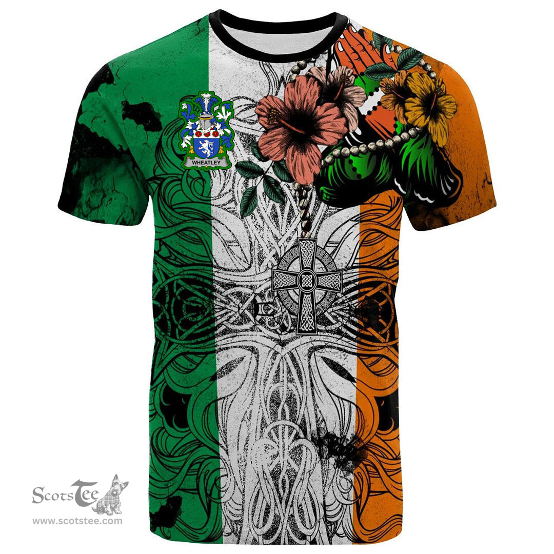 ScotsTee Shop Irish Wheatley Coat of Arms Irish Family Crest T Shirt Celtic Ireland Green, White and Orange T Shirt