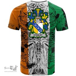 ScotsTee Shop Irish Stanley Coat of Arms Irish Family Crest T Shirt Celtic Ireland Green, White and Orange T Shirt
