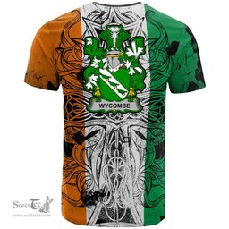 ScotsTee Shop Irish Wycombe Coat of Arms Irish Family Crest T Shirt Celtic Ireland Green, White and Orange T Shirt