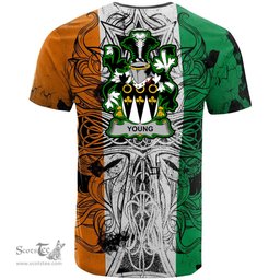 ScotsTee Shop Irish Young Coat of Arms Irish Family Crest T Shirt Celtic Ireland Green, White and Orange T Shirt