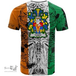 ScotsTee Shop Irish Tuohy or O Toohey Coat of Arms Irish Family Crest T Shirt Celtic Ireland Green, White and Orange T Shirt