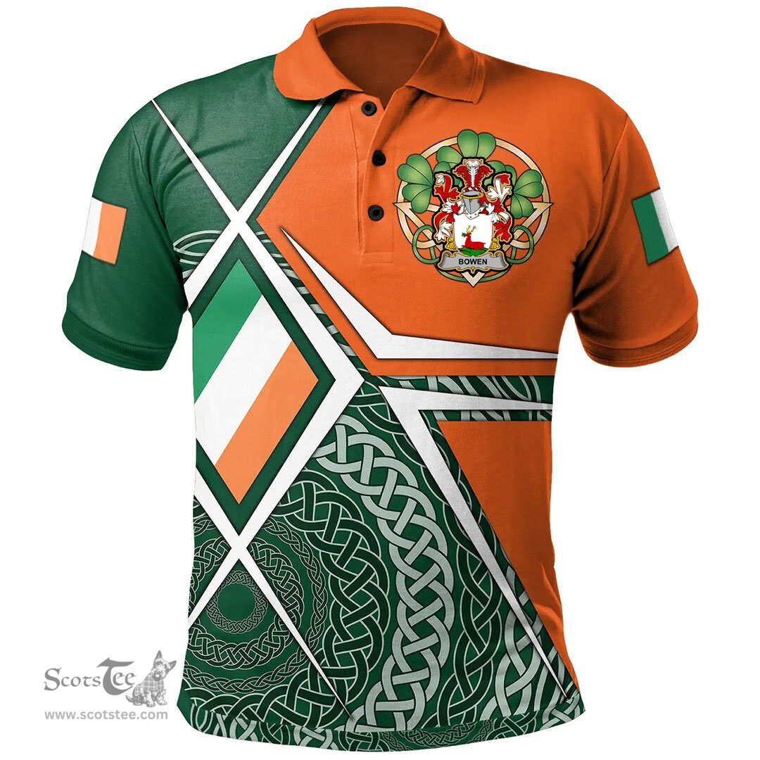 ScotsTee Shop Irish Bowen Family Crest Irish Polo Shirt Ireland Green White and Orange Irish Legend Polo Shirt