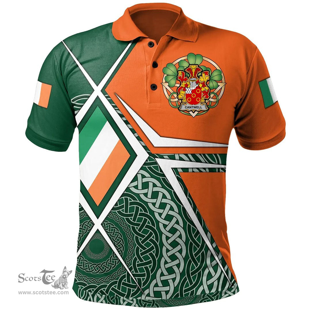 ScotsTee Shop Irish Cantwell Family Crest Irish Polo Shirt Ireland Green White and Orange Irish Legend Polo Shirt
