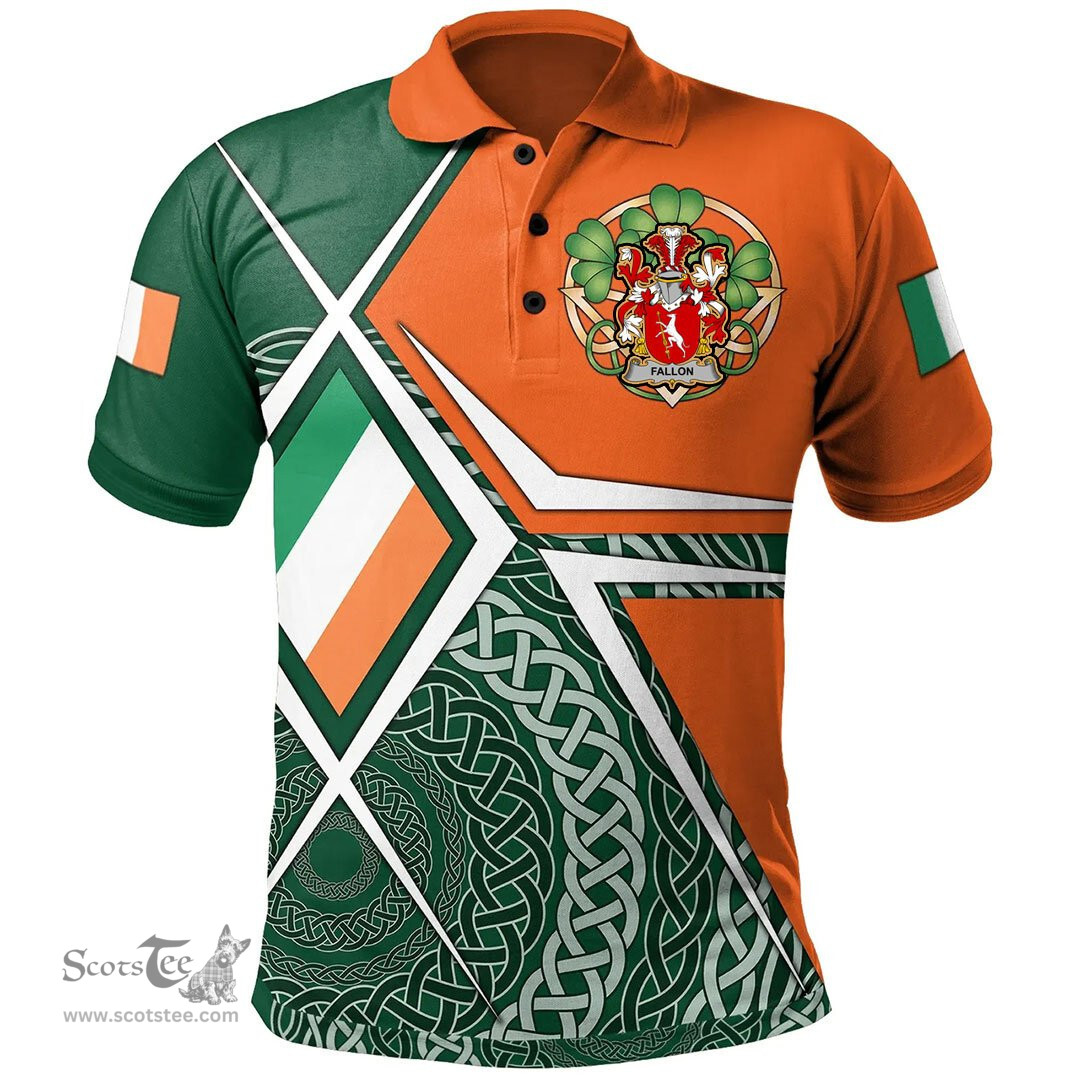ScotsTee Shop Irish Fallon or O'Fallon Family Crest Irish Polo Shirt Ireland Green White and Orange Irish Legend Polo Shirt