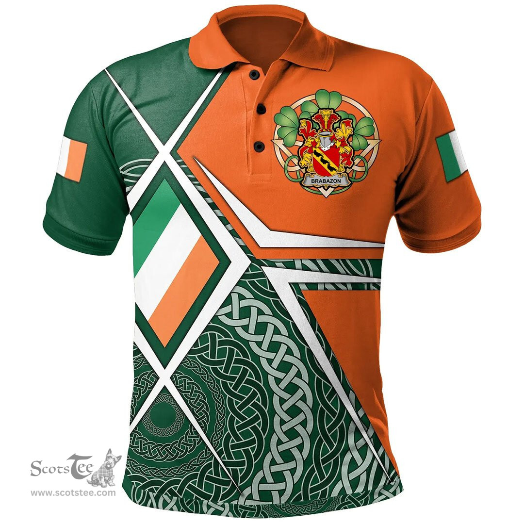 ScotsTee Shop Irish Brabazon Family Crest Irish Polo Shirt Ireland Green White and Orange Irish Legend Polo Shirt