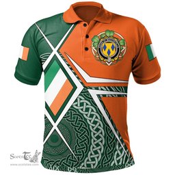 ScotsTee Shop Irish House of MACCOSTELLO Family Crest Irish Polo Shirt Ireland Green White and Orange Irish Legend Polo Shirt