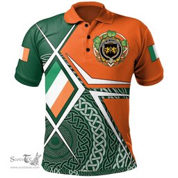 ScotsTee Shop Irish House of O'CARROLL Family Crest Irish Polo Shirt Ireland Green White and Orange Irish Legend Polo Shirt